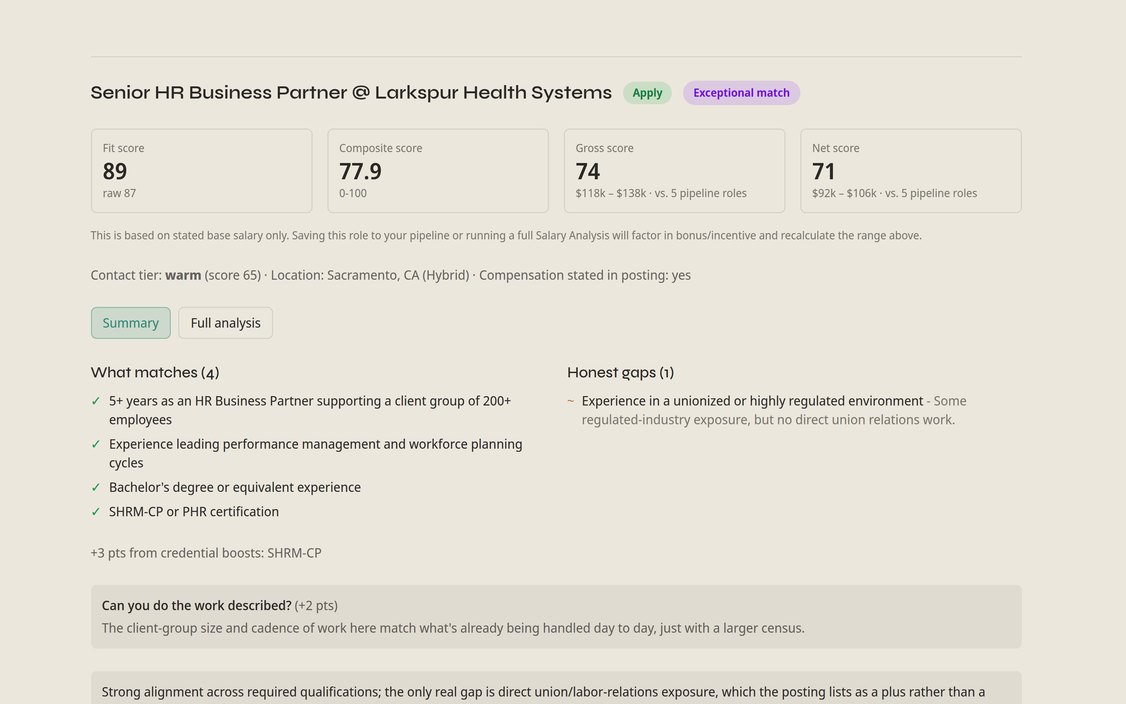 An analyzed job posting showing a fit score, composite score, gross and net comp scores, what matches, and honest gaps.